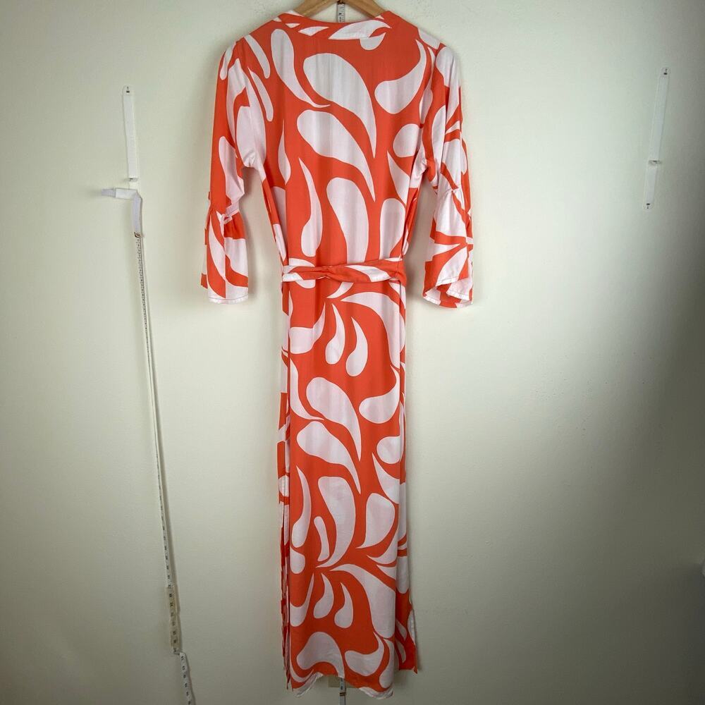 Escapada Coral Floral Belted Maxi Dress M Flutter Sleeve Rayon - Picture 6 of 11